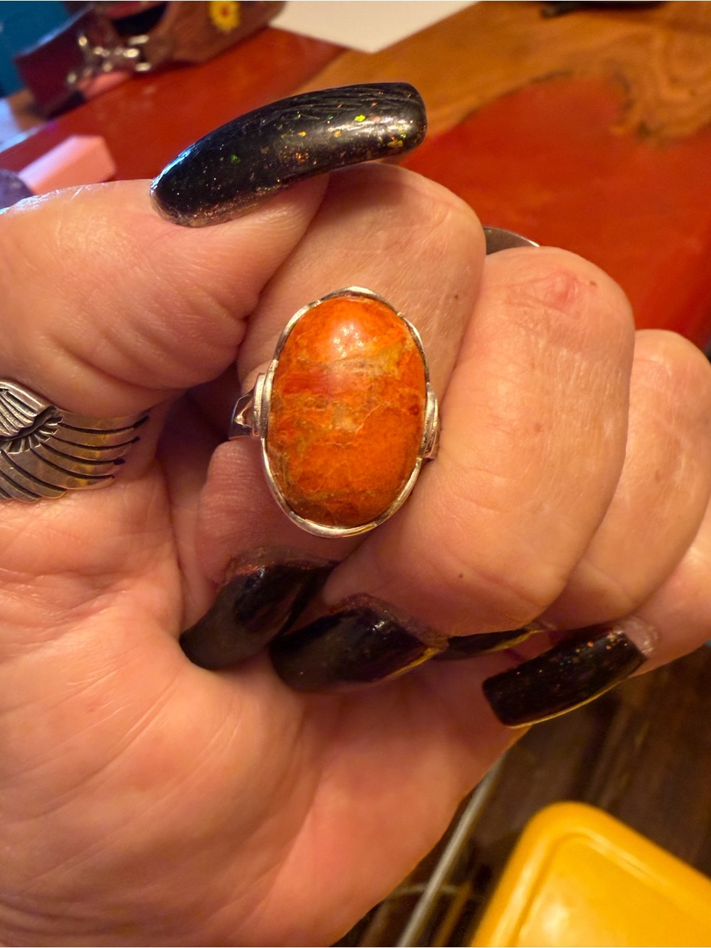 Orange spiny opal Stone Sterling Silver Oval Statement Ring - Women Jewelry